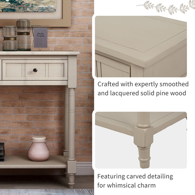 Whisen Rustic Console Table Traditional Design with Two Drawers and Bottom Shelf - Ivory White