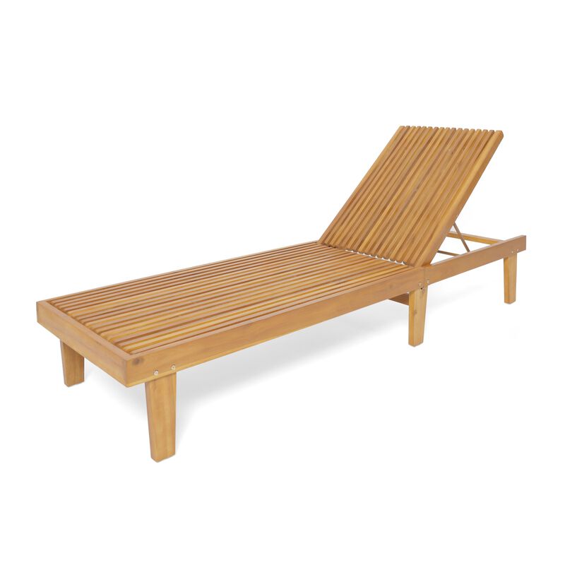 Pina Outdoor Chaise Lounger, 79 Inch, Slatted Acacia Wood, Brown - Benzara