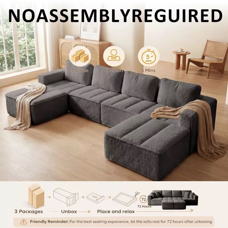 Vipbear 145.6" Modular U-Shaped Cloud Sectional Sofa, Fluffy Teddy Fabric Convertible Couch image number 6