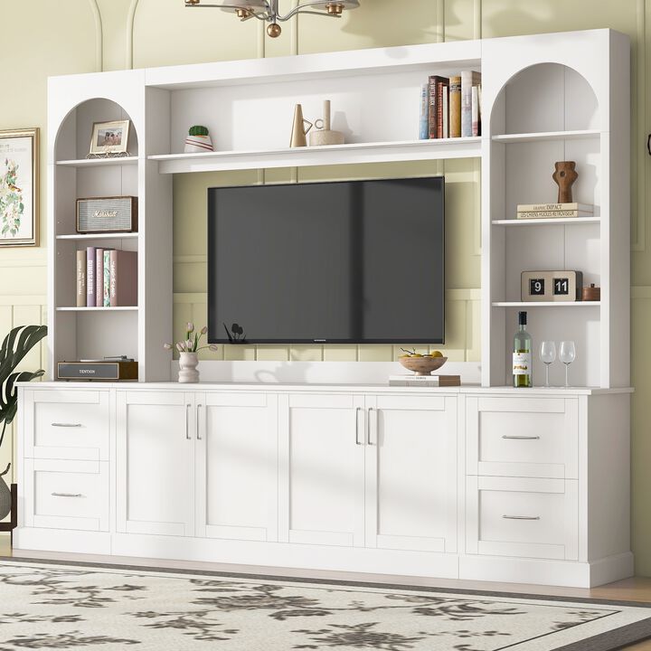 Merax All-in-One TV Stand with Arched Design, 4 Drawers, Adjustable Shelves, Built-in Cable Holes
