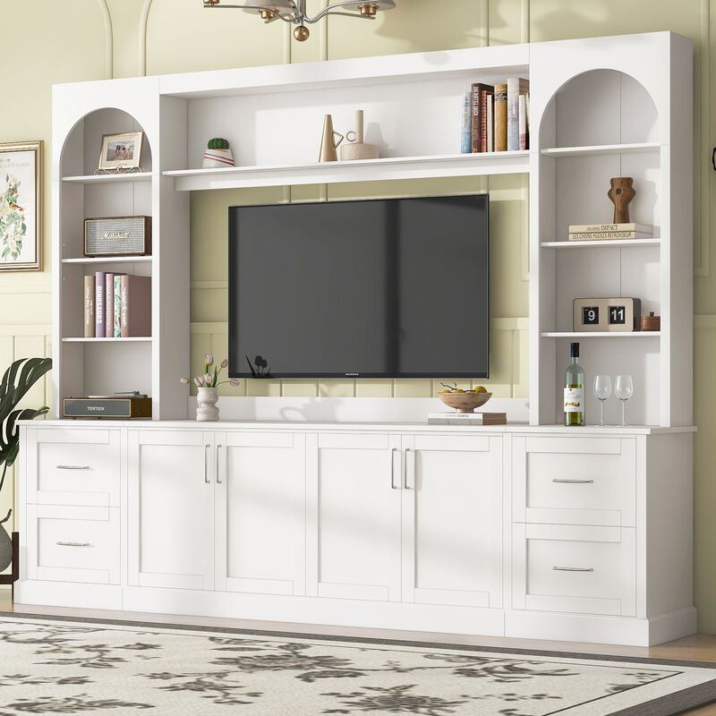 Merax All-in-One TV Stand with Arched Design, 4 Drawers, Adjustable Shelves, Built-in Cable Holes image number 1