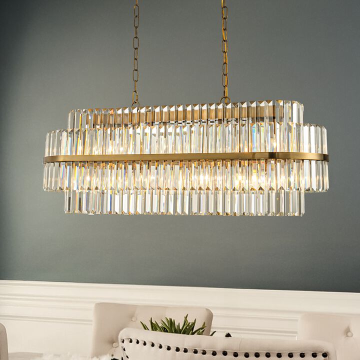 39" Two-Tier 7-Light Rectangular Aged Gold Contemporary Glam Crystal Chandelier