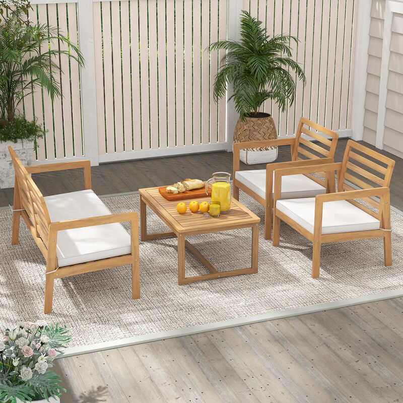 4 Piece Wood Patio Conversation Set with 2 Armchairs and Coffee Table-White