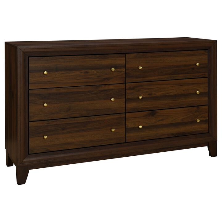 Yels Wide Dresser with 6 Drawers, Gold Metal Knobs, Walnut Brown  - Benzara