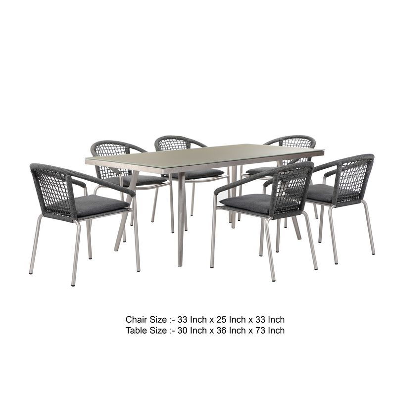 Phil 7 Piece Dining Set, Slate Gray Woven Rope, Sturdy Aluminum Frames - Benzara