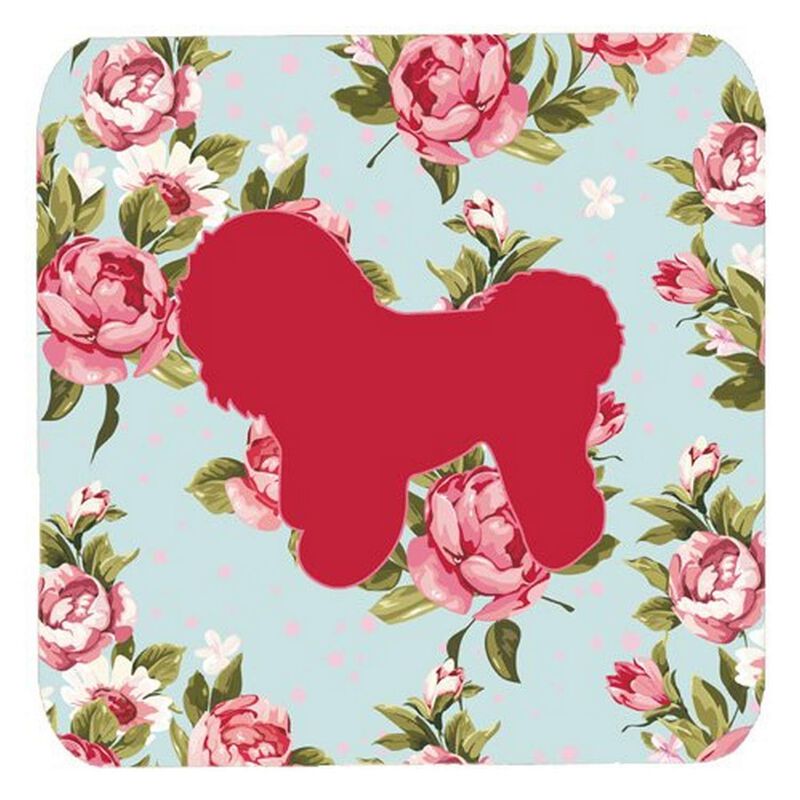 Caroline's Treasures BB1107-RS-BU-FC Bichon Frise Shabby Chic Blue Roses Foam Coasters (Set of 4), 3.5 H x 3.5 W, Multicolor