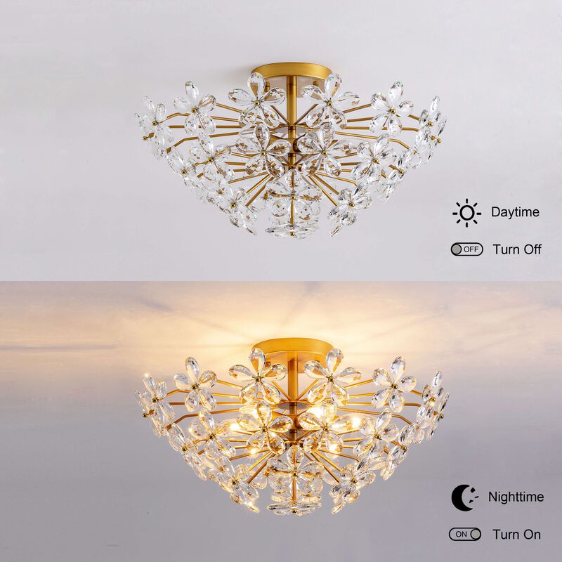 Bibiana Modern 6-Light Daisy Clear Crystals Large Size Flush Mount - Medium‑gloss Brushed Brass Finish image number 8