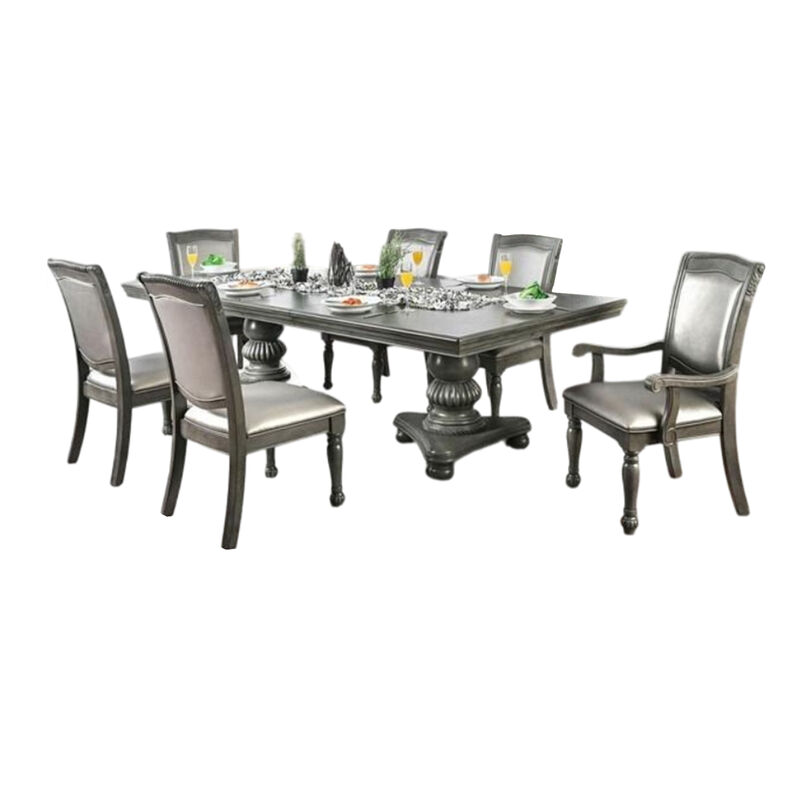 Ena 9pc Dining Table Set, Gray Faux Leather, Extendable 79-103 Inch image number 0
