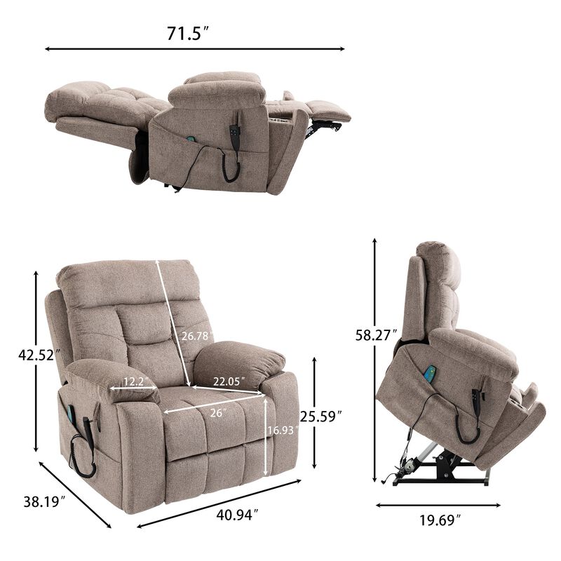Electric Lift Recliner Chair with Heating and Massage, Power Lift Sofa Chair with 2 Cup Holders, Storage Pocket, 2 remote controls image number 2