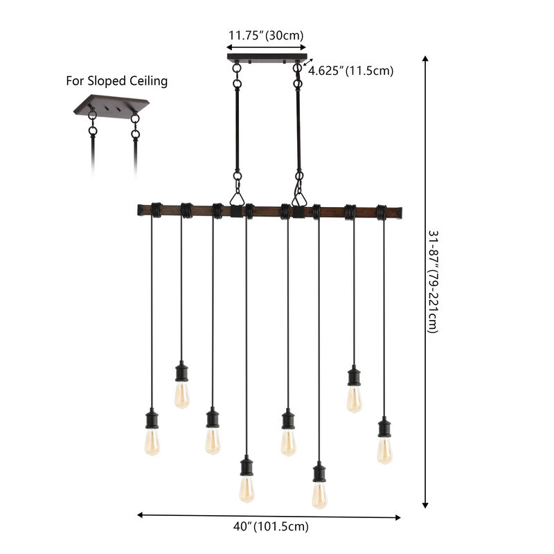 Rhys 8-Light Vintage Industrial Driftwood Iron LED Linear Chandelier with Height Adjustable Bulbs