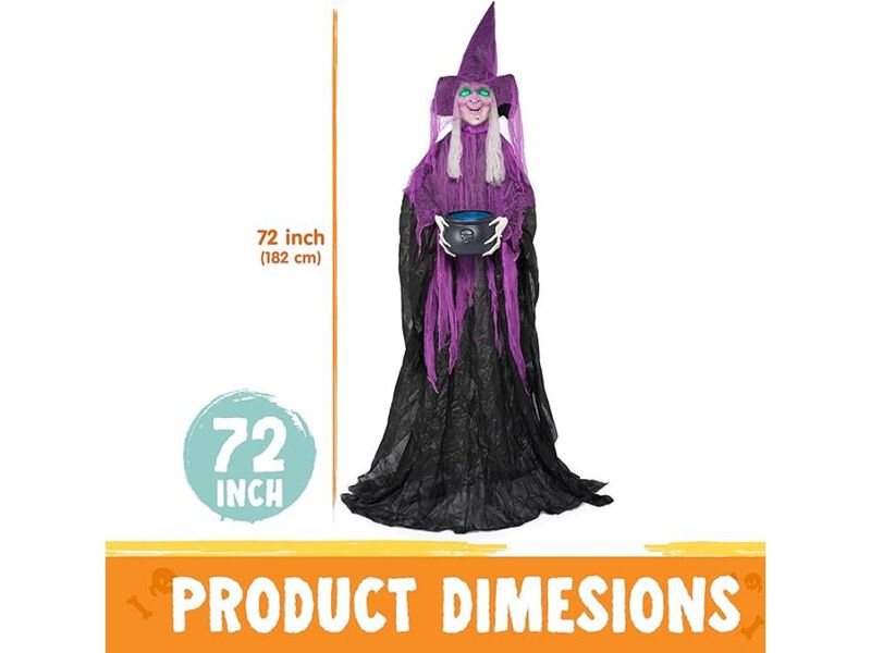 72” Halloween Animatronic Witch with Cauldron – Sound-Activated Prop with Lights for Lawn, Garden & Haunted House Decor