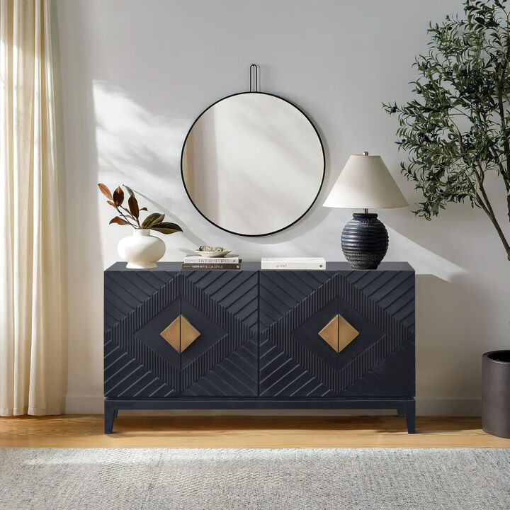 Abiel 55 Inch Sideboard Buffet Console with 2 Door Cabinet, Brass Coated Diamond Cut Handles, Matte Black Mango Wood