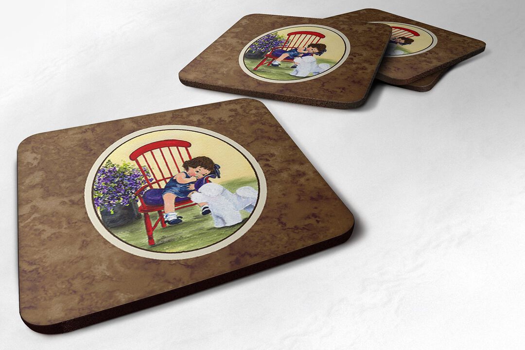Caroline's Treasures SS8533FC Little Girl with Her Bichon Frise Foam Coasters (Set of 4), 3.5 H x 3.5 W, Multicolor
