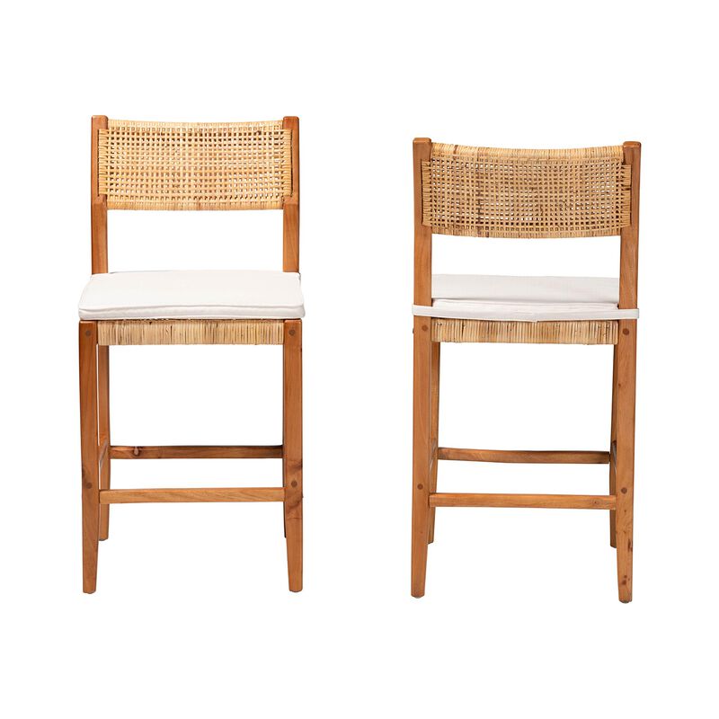 bali & pari Chatura Natural Rattan and Mahogany Wood 2-Piece Counter Stool Set &ndash; Handwoven Wicker Stool with Angled Back, Coastal Boho Seating for Kitchen Island, Counter Height