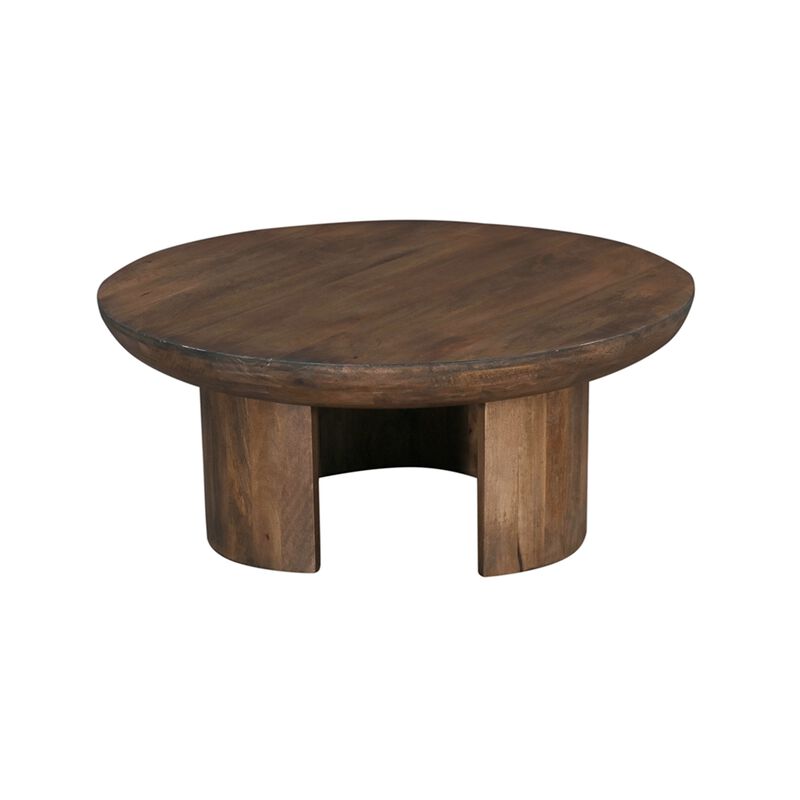 35 Inch Coffee Table, Handcrafted Round Mango Wood Top, Modern Curved Tripod Legs, Walnut Brown