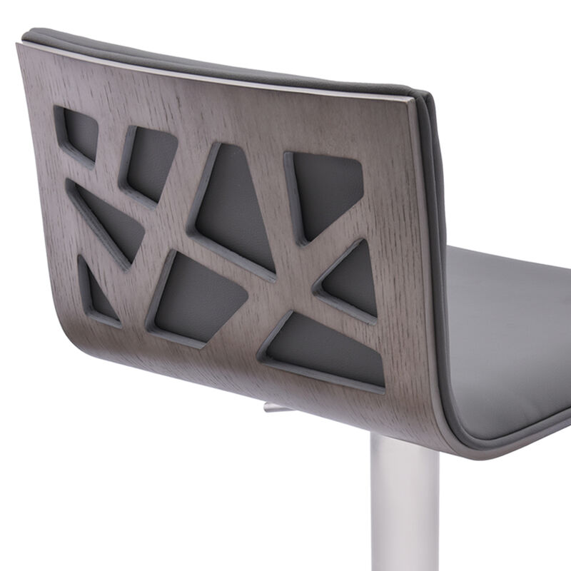 Crystal Adjustable Height Swivel Grey Fabric and Walnut Stool with Brushed Stainless Steel Base