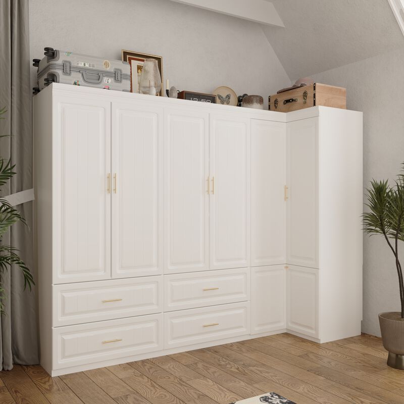 FUFU&GAGA Large Capacity Multifunctional Wardrobe with Concealed Storage, 6 Doors and 4 Drawers with Hanging Rod, (98.4 in. W x 20.6 in. D x 74.2 in. H), White