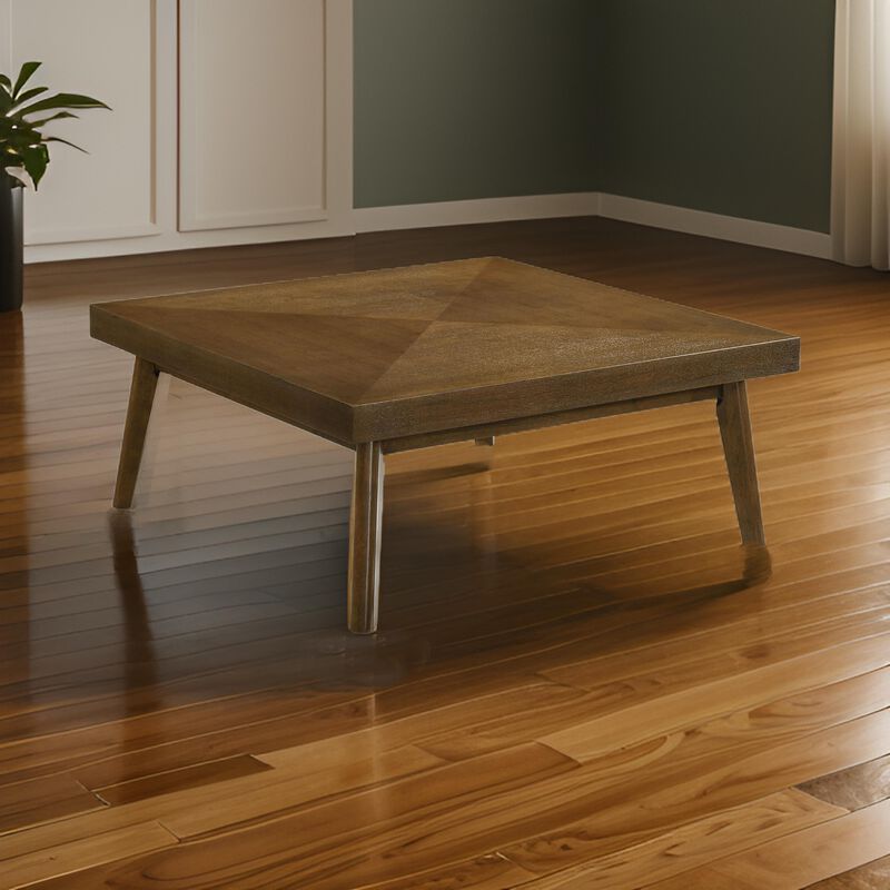 Layla Coffee Table, 39 Inch Square Top, Diamond Parquet, Walnut Brown Wood