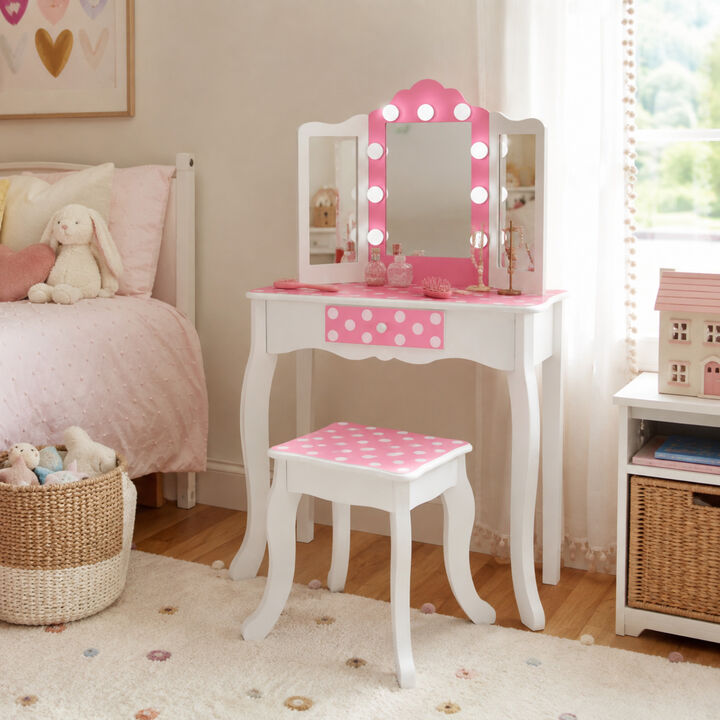 Teamson Kids Engineered Wood Vanity Set with LED Lighted Tri-Fold Acrylic Mirror, Storage Drawer & Stool, White/Pink, Fantasy Fields Gisele Polka Dot