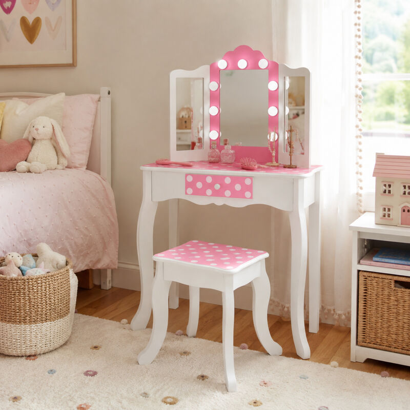 Teamson Kids Engineered Wood Vanity Set with LED Lighted Tri-Fold Acrylic Mirror, Storage Drawer & Stool, White/Pink, Fantasy Fields Gisele Polka Dot image number 1