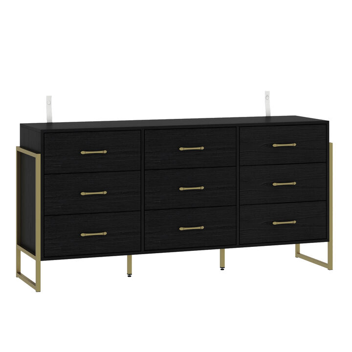 Black Wood 9 Big Drawers 61.4 in. W Dresser With Metal Frame Legs