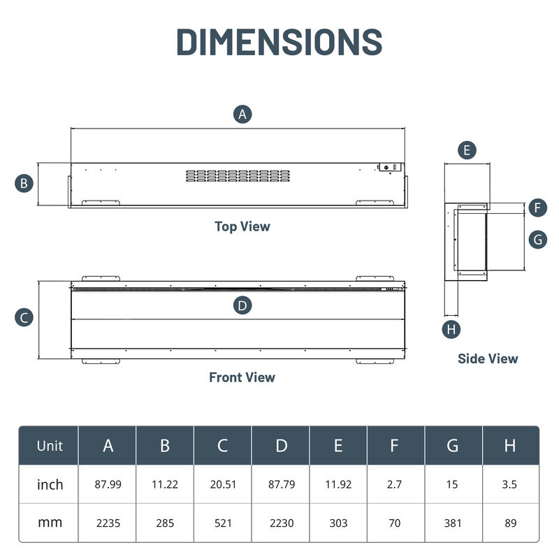 Mondawe Wall/Recessed Panoramic 88" Three-Sided Electric Fireplace With Multi-Color LED Flame and Smart Controls image number 9