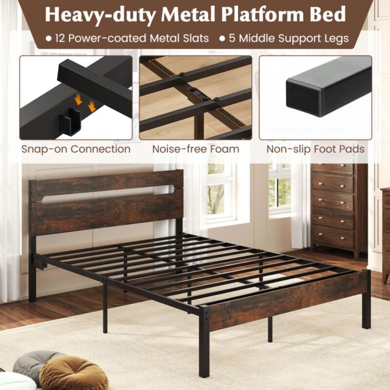Hivvago Heavy-Duty Metal Slats Support Bed Platform with Charging Station