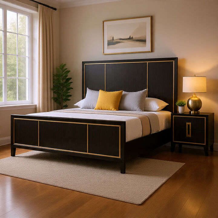 Queen Bedroom Set, Espresso Brown, Gold Wood, 2 Piece Set with Nightstand