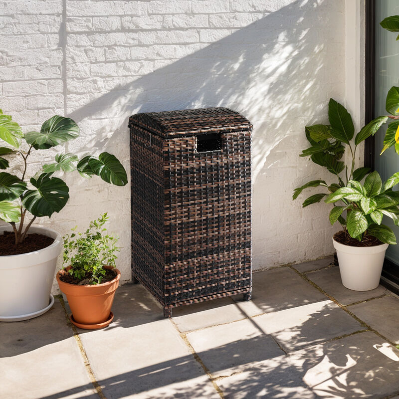 33-Gallon Wicker Patio Trash Bin with Lid, Rattan Outdoor Garbage Can for Backyard or Deck