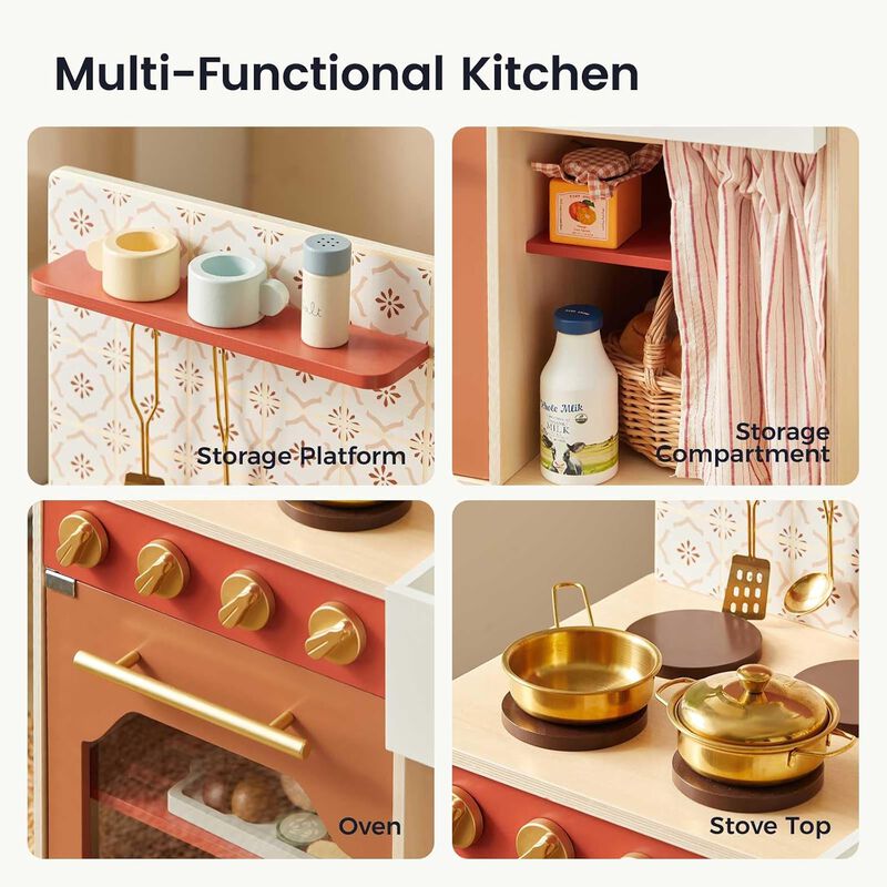 Mediterranean Play Kitchen for Toddlers - Wooden Kids Kitchen Playset with Cutting Food & Cookware, Oven, Stove, Sink, Built-In Storage image number 4