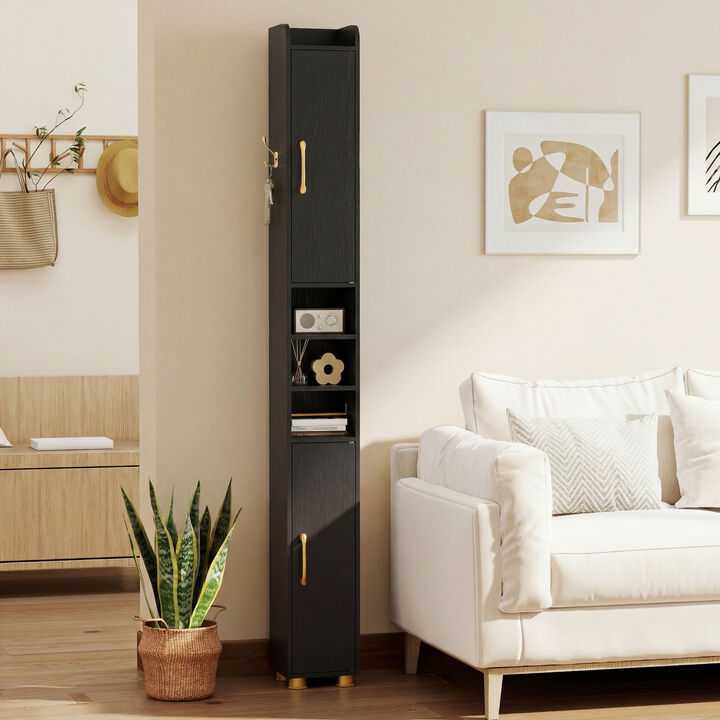 Freestanding Narrow Bathroom Cabinet with Open Shelves and Toilet Paper Holder
