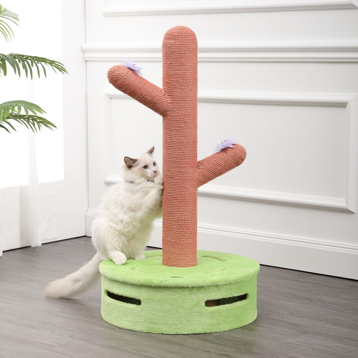 Rosa 36" Modern Jute Cactus Cat Scratching Post with Flower Toys and Built-In Bell Toys, Pink/Green