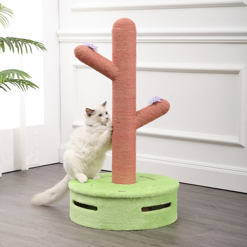 Rosa Modern Jute Cactus Cat Scratching Post with Flower Toys and Built-In Bell Toys