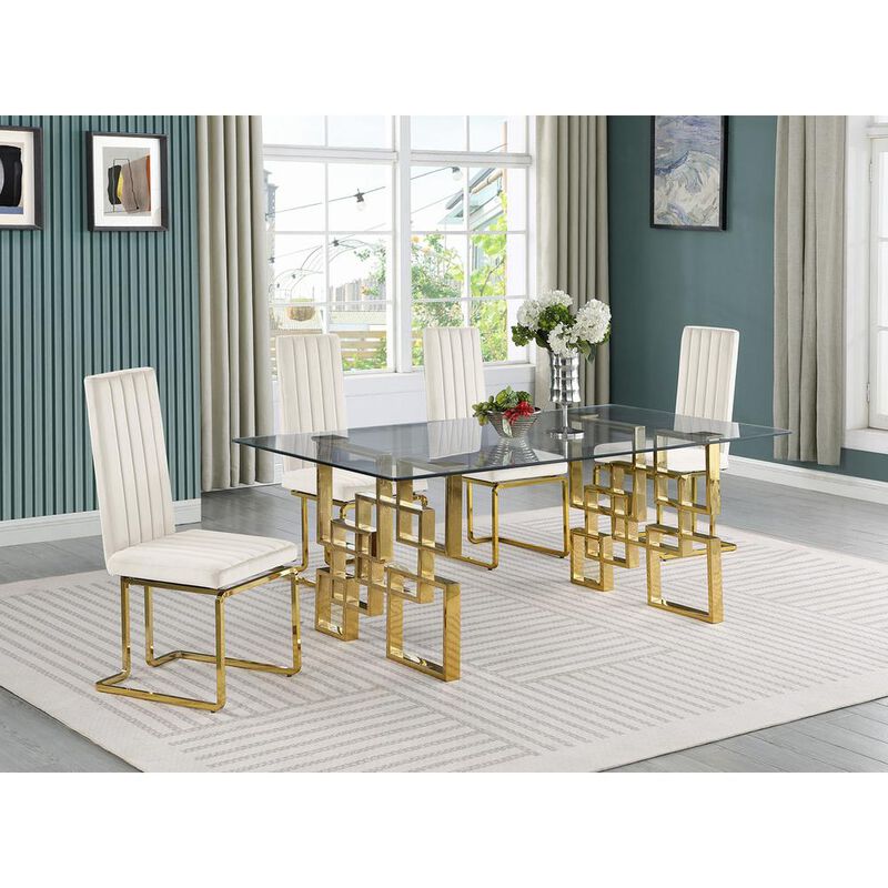 5-piece glam dining set with 4 cream chairs and one 79" glass  table