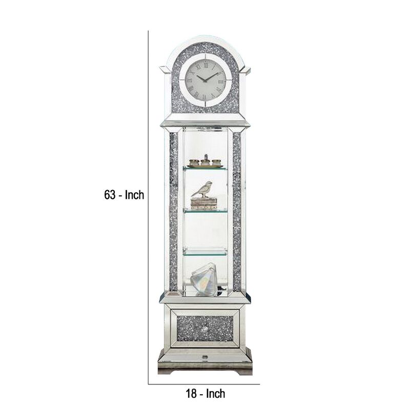 Mirrored Grandfather Clock with 4 Compartments, Silver-Benzara