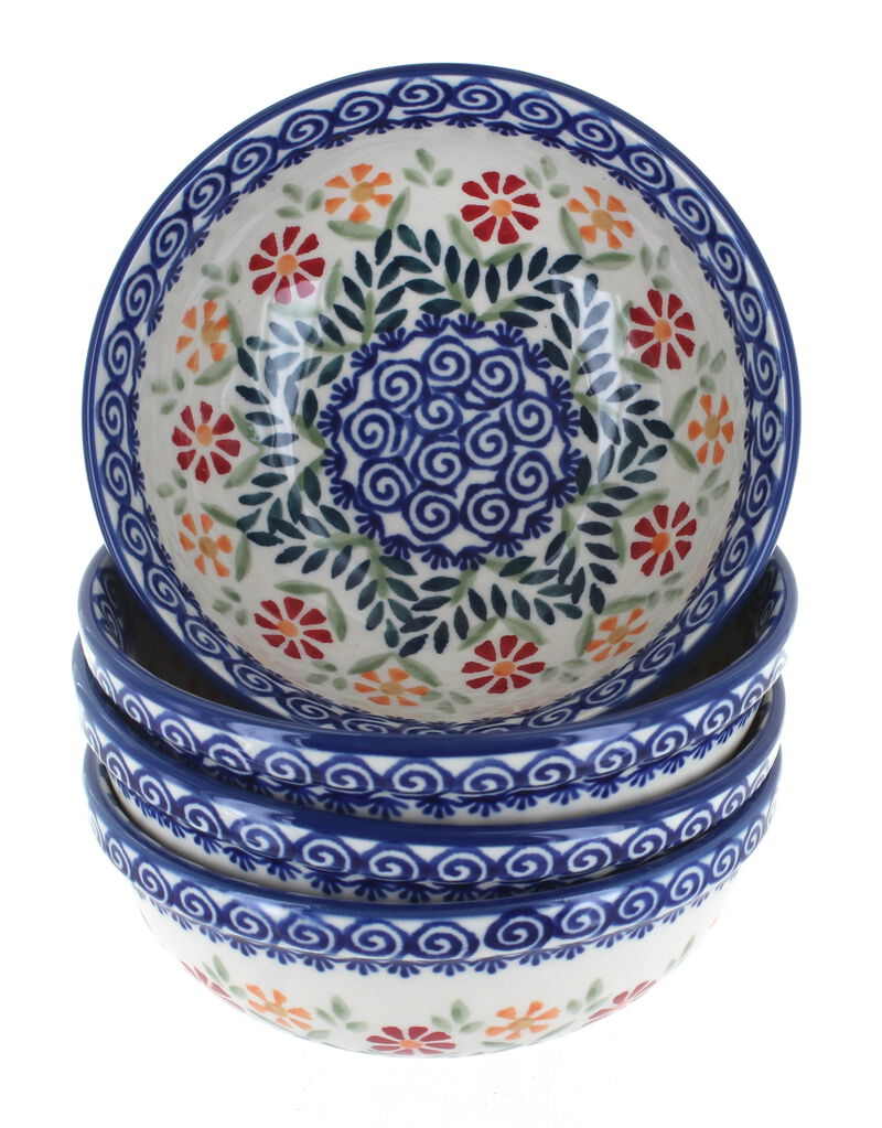 Blue Rose Polish Pottery Red Daisy 4 PC Dessert Bowl Set
