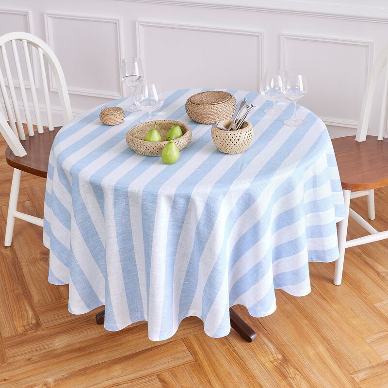 Solino Home Cabana Stripe 100% Linen Round Tablecloth &ndash; Handcrafted, Machine Washable, Perfect for Holiday and Everyday Dining