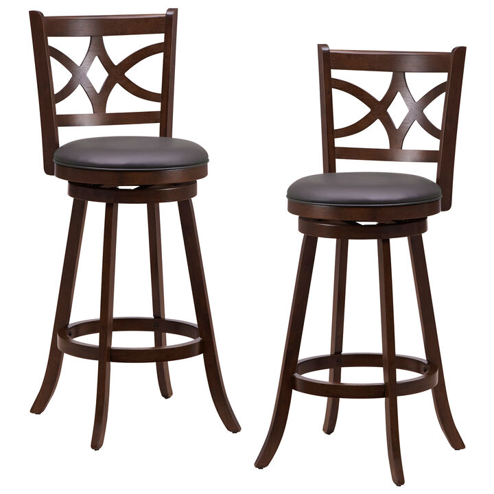 Set of 2 Bar Chairs 360° Swivel with Leather Cushioned Seat and Rubber Wood Frame