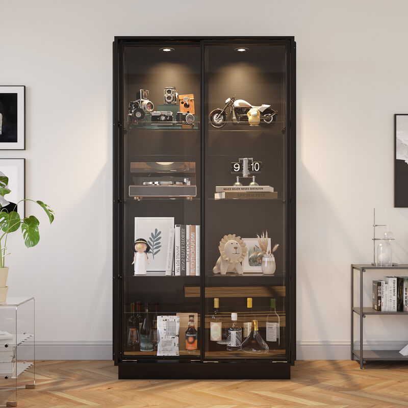 FUFU&GAGA Black Modern Bookshelf Tall Bookcase with 2 Glass Doors, Built-in Spotlights & Shelves for Office (39.4"W x 19.7"D x 75.2"H) image number 1