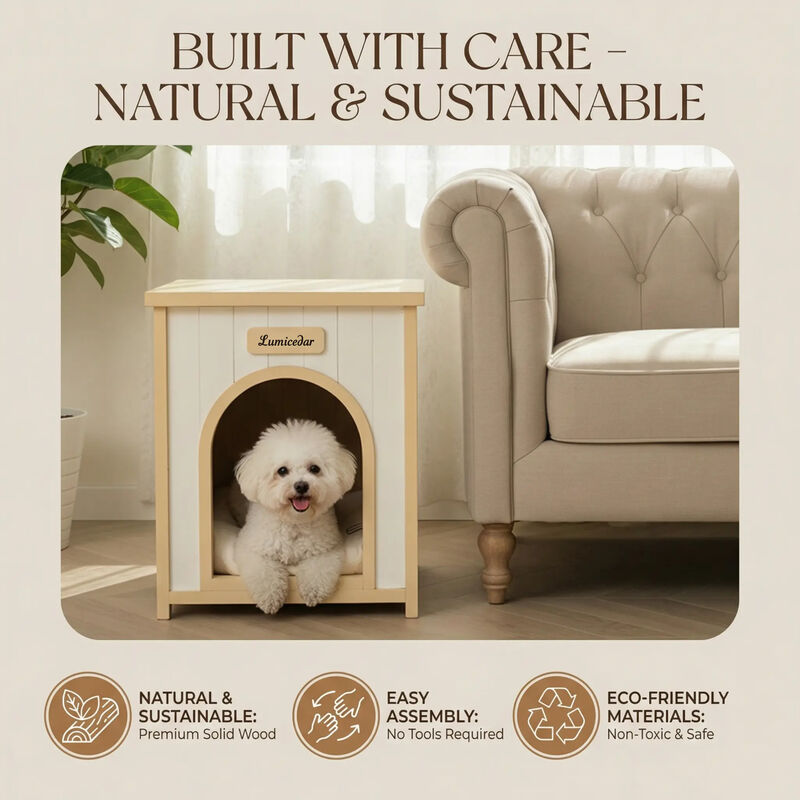 Cream Yellow Flat Roof Pet House, Solid Wood Indoor Shelter for Small Cats & Dogs image number 4