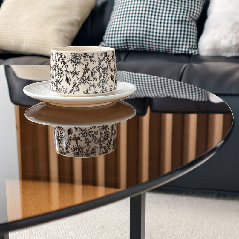 Brown Glass Coffee Table Round Abstract Tempered Glass Accent Table Furniture image number 2