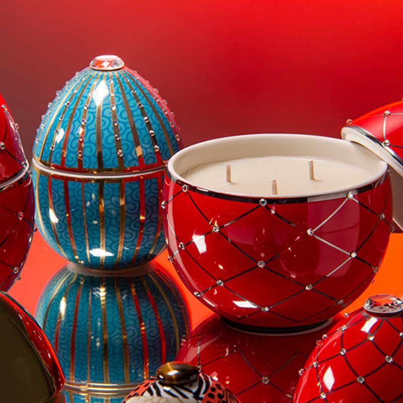 Candle in Ceramic Egg BOIS DE ROUSSIE 16 oz Red with Silver Stripes 6.5 diam. x 7.48 in image number 2
