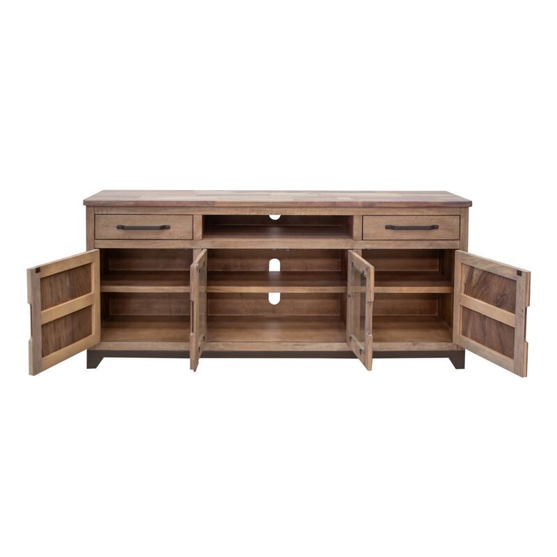 Umey 70 Inch TV Entertainment Console, 2 Drawers, Shelves, Wood, Brown - Benzara