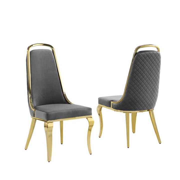 Best Quality Furniture Dark Grey Velvet High Back Chair With Gold Chrome Trim, Set Of 2