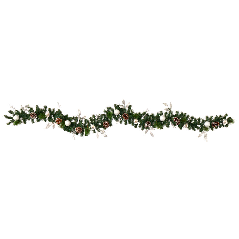 HomPlanti 9" Ornament and Pinecone Artificial Christmas Garland with 50 Clear LED Lights