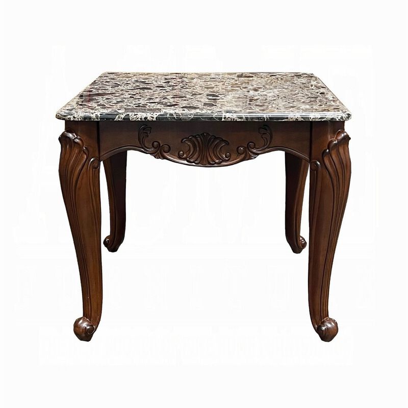 Aliya Side End Table, Rectangular 28 Inch Marble, Cherry Brown Wood