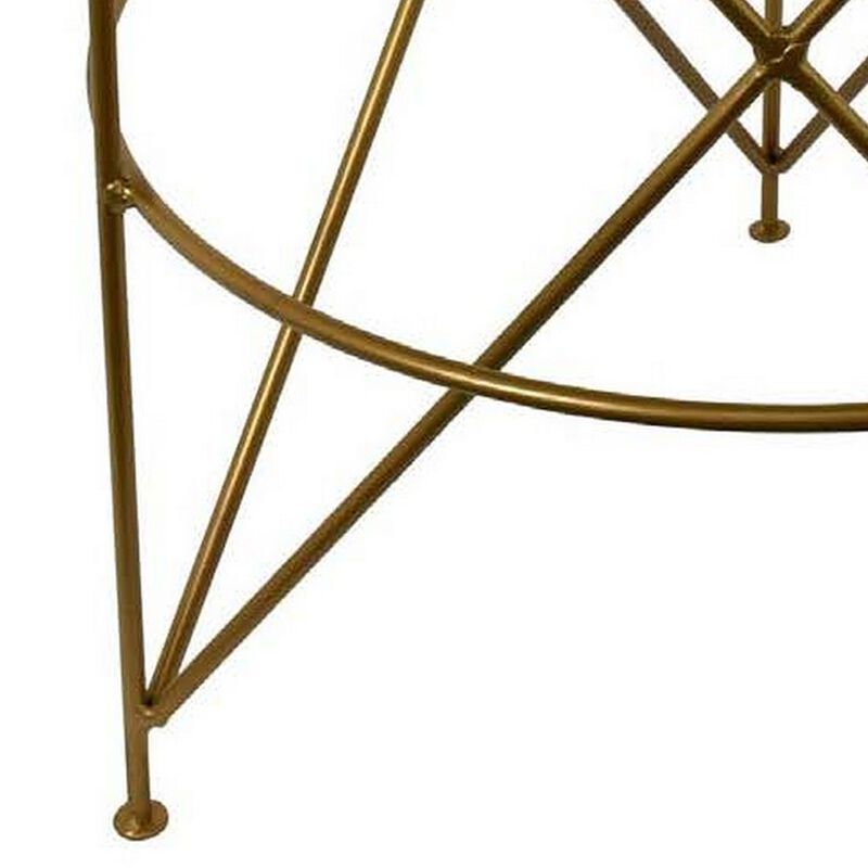 23 Inch Plant Stand Table, Round Top, Modern Gold Geometric Frame, Black - Benzara