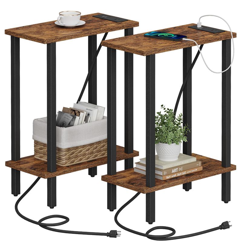 TUTOTAK Small End Table with Charging Station, Narrow Side Table with USB Ports and Outlets, Set of 2, Skinny Sofa Table, Slim N