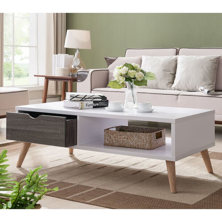ENITIAL STAR Paulson Wood 1-Drawer Coffee Table in White and Dark Gray