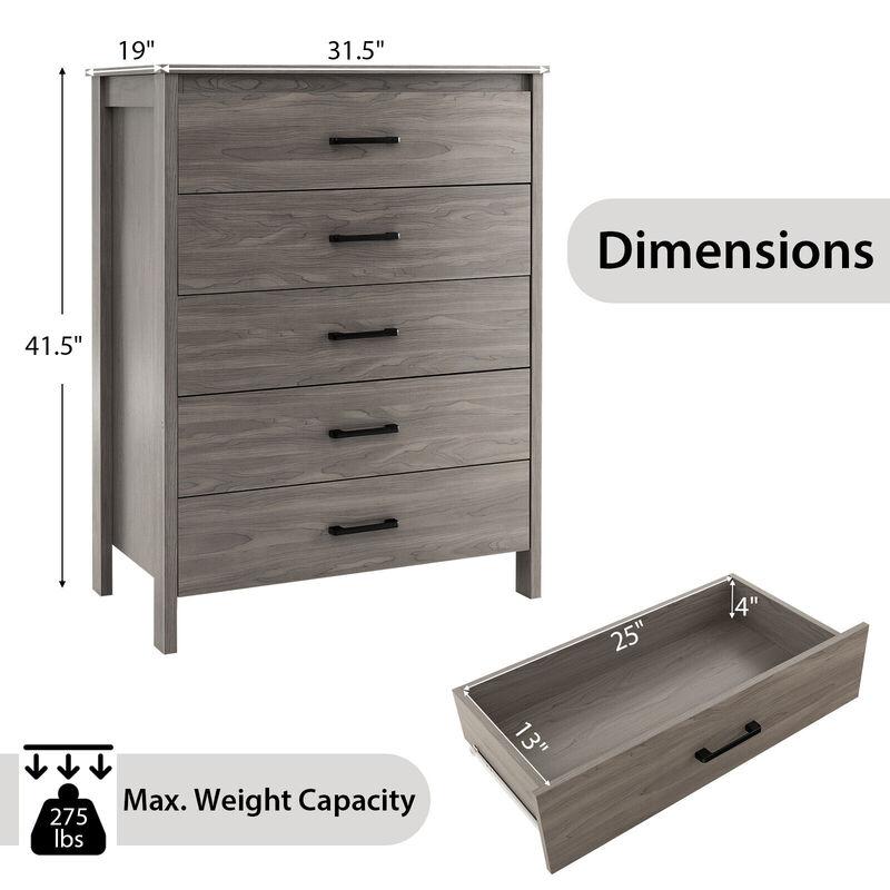 Modern 5-Drawer Multipurpose Chest Dresser with Metal Handles-Grey